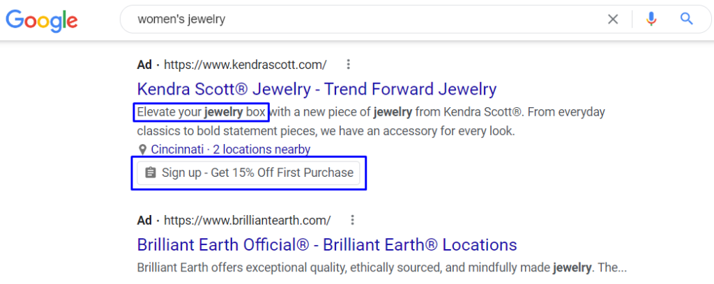 Screenshot of Google search for "women's jewelry"
