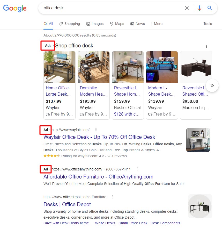 Google search for "office desk" and the ads that appear
