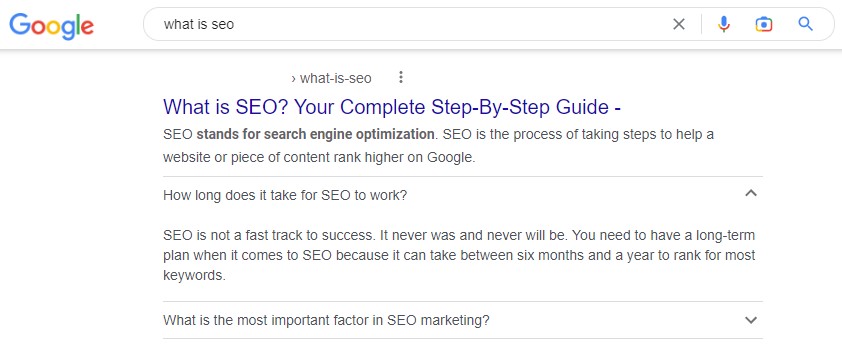 Screenshot of "what is seo" Google search that has FAQ schema in it.