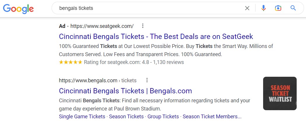 Example of paid page vs. organic page for a search result
