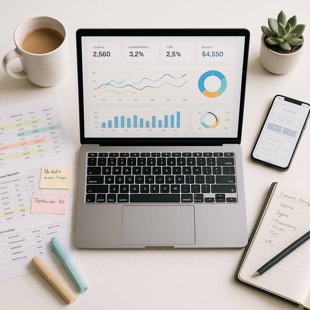 Modern workspace with laptop displaying analytics dashboards, coffee cup, phone, SEO research papers, and notebook