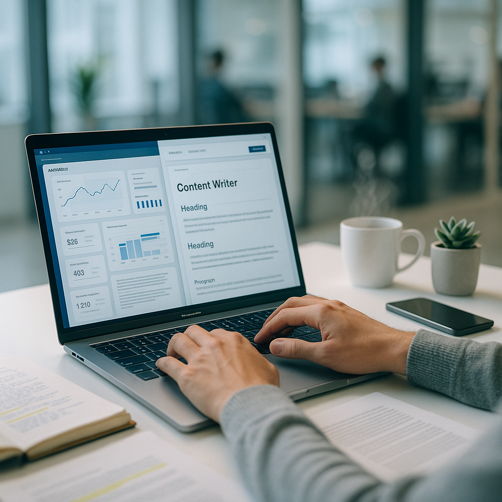 Professional content writer typing on MacBook with analytics dashboard, coffee cup and notebooks on modern office desk