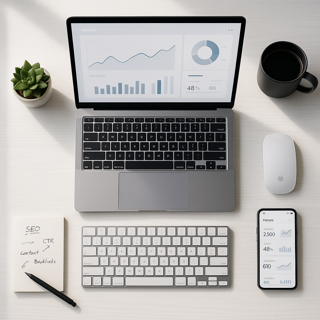 Professional desk setup with laptop displaying analytics dashboard, surrounded by keyboard, mouse, smartphone, notepad and co