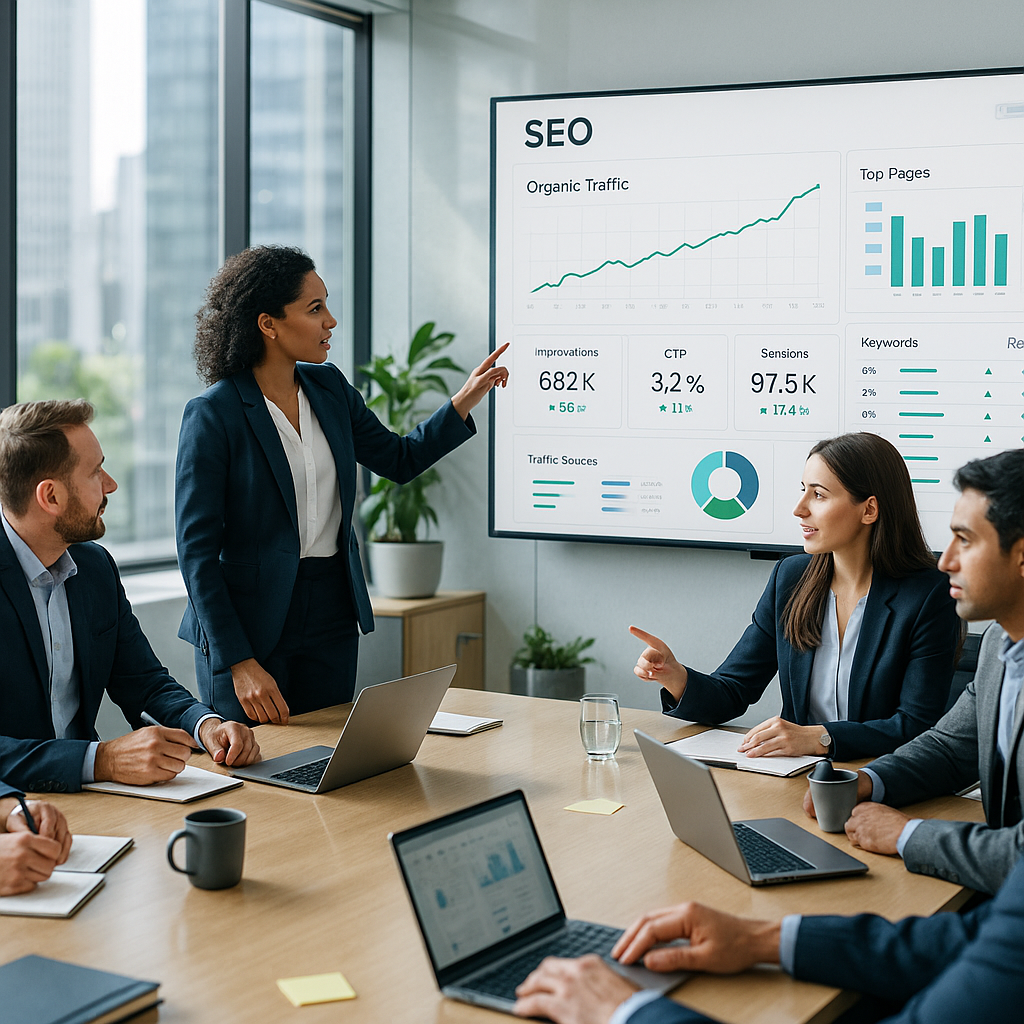 Professional marketing team analyzing SEO performance dashboards with upward trending organic traffic charts in modern office
