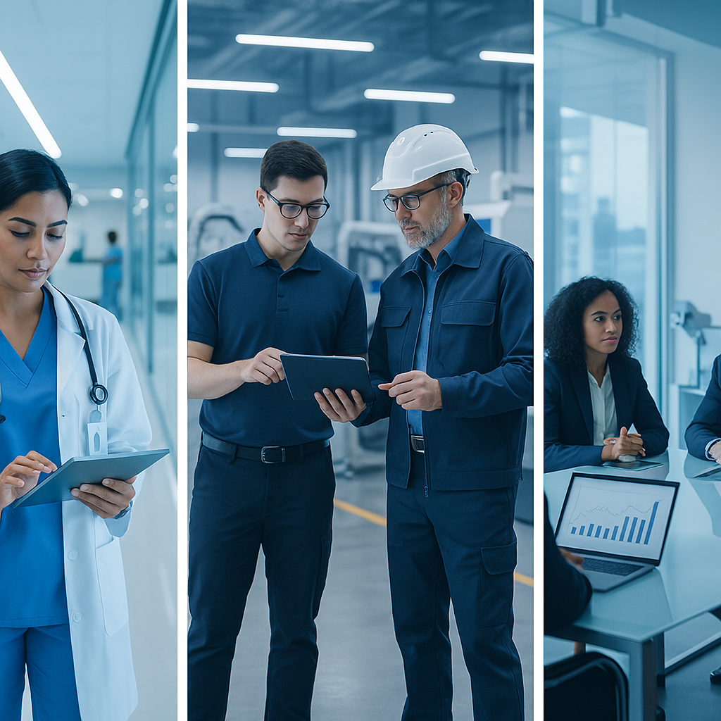 Healthcare professional, manufacturing workers, and business meeting in three professional environments with blue overlay