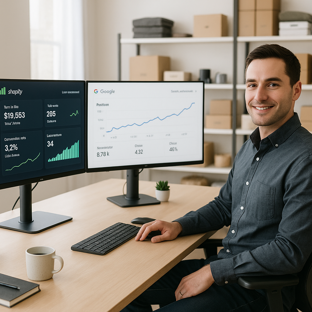 E-commerce entrepreneur at desk with dual monitors showing Shopify dashboard with sales metrics and Google rankings