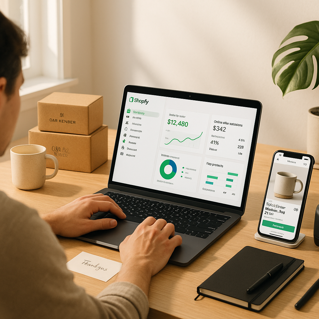 Shopify store owner at desk with laptop showing sales dashboard and smartphone displaying mobile product page