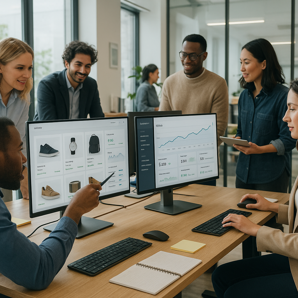 Professional eCommerce team analyzing product listings and sales analytics on dual monitors in modern office workspace