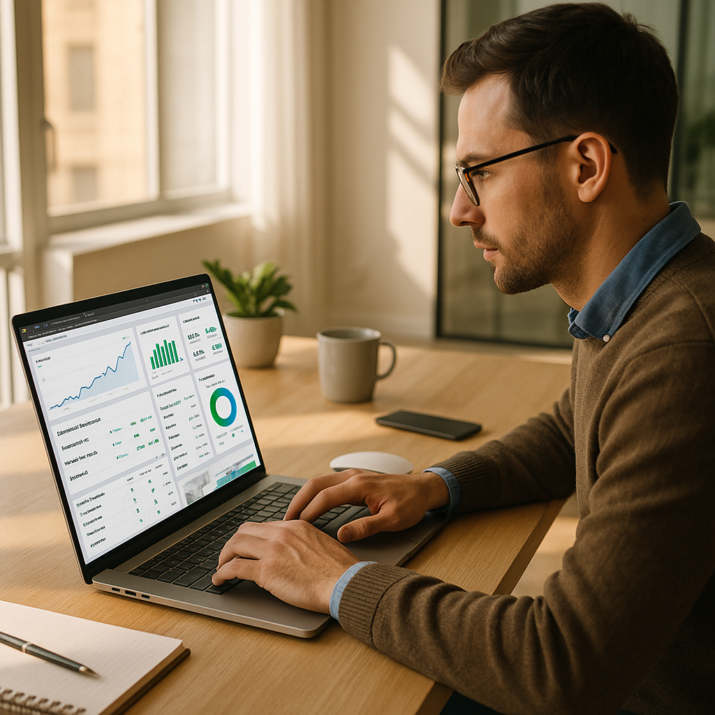 Digital marketing strategist analyzing eCommerce analytics dashboards with upward trending graphs on laptop screen in modern