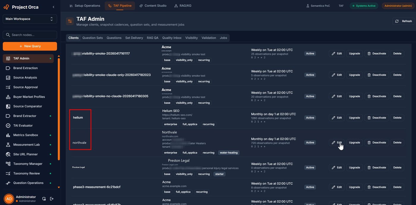 Generative Engine Optimization Services 4 ORCA operator console listing client tenants with snapshot cadence, observations per snapshot, plan tags, and status.