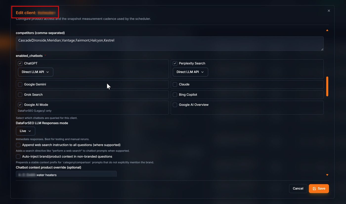 Generative Engine Optimization Services 5 Client configuration dialog showing a competitor list and checkboxes for each enabled answer engine, including ChatGPT, Perplexity, Gemini, Claude, Grok, Bing Copilot, Google AI Mode, and Google AI Overview.