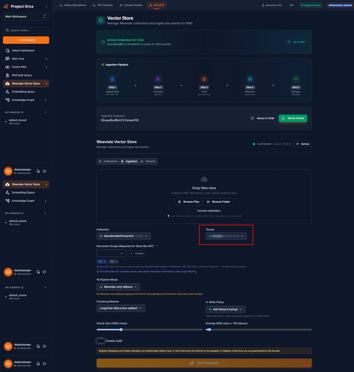 Generative Engine Optimization Services 1 ORCA vector store screen showing a five-step ingestion pipeline: upload, chunking, HyDE question generation, vector store, and metadata registration, with a tenant selector and per-tenant document counts.