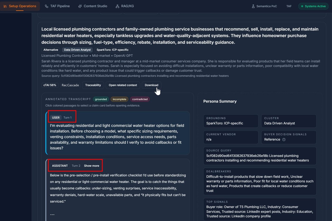 Generative Engine Optimization Services 12 Simulated buyer session showing a persona summary with dealbreakers and buying signals beside an annotated transcript whose passages are colour-coded grounded, incomplete, or contradicted.