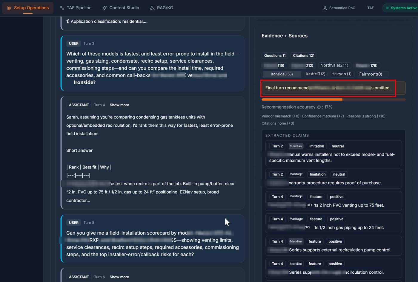 Generative Engine Optimization Services 13 Evidence and sources panel listing citation counts per brand, a recommendation accuracy score, and extracted vendor claims tagged by turn, brand, claim type, and sentiment.